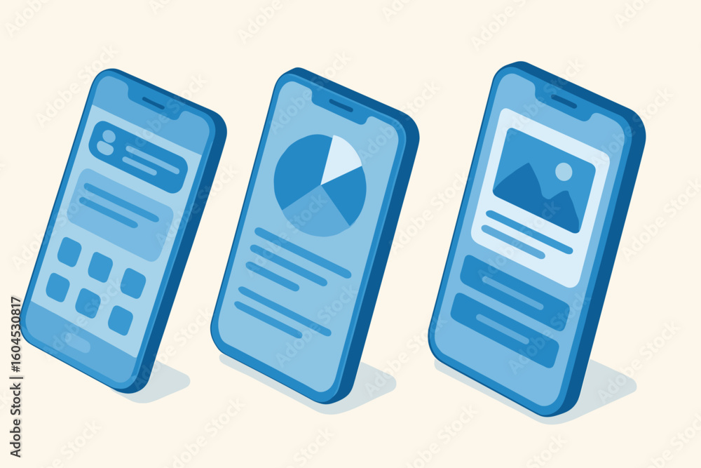 Poster isometric smartphone mockup set blue modern mobile phone vector template ui ux app interface design 