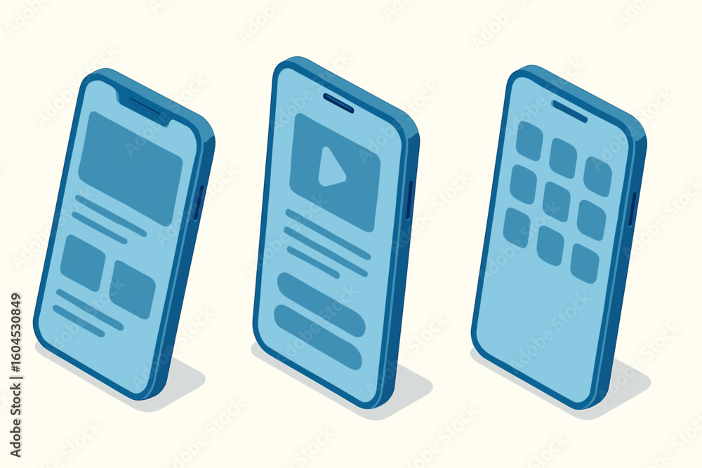 Poster isometric smartphone mockup set blue mobile phone vector template ui ux design app interface digital