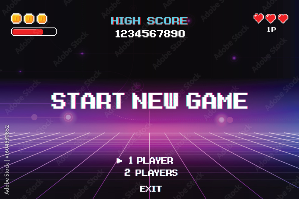 Poster start new game. pixel art .8 bit game. retro game. for game assets in vector illustrations. retro fu