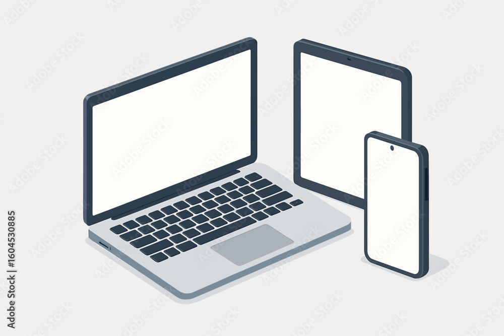 Poster isometric devices mockup template vector illustration. laptop tablet mobile phone computer technolog