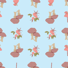 Whimsical Forest Seamless Vector Pattern with Mushrooms, Leaves and Woodland Animals