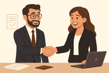 Business people shaking hands. Man and woman at a desk closing a deal. Concept of successful partnership, agreement, and collaboration. Happy colleagues smiling. Vector cartoon.