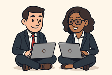 Business people teamwork collaboration. Man woman professionals sitting cross-legged laptops. Office workers casual meeting. Vector cartoon illustration