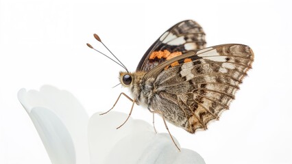 Obraz premium Detailed view of a vibrant butterfly on a white surface