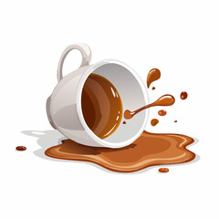 Spilled coffee cup &ndash; Ceramic cup tipped over with a coffee puddle and splash effect
