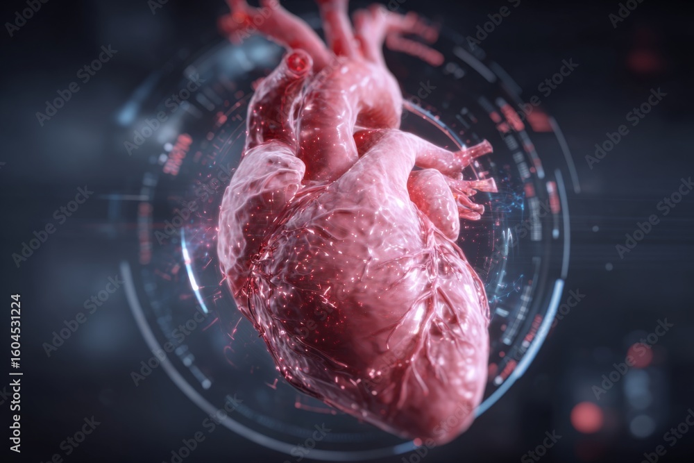 Poster heart anatomy visualization with advanced digital interface representing medical health and cardiova