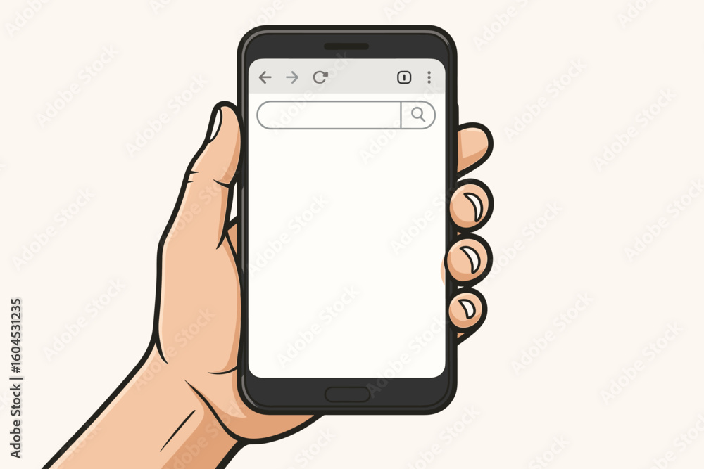 Poster hand holding smartphone with blank web browser screen. mobile phone internet search interface. empty