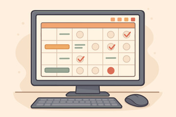 Computer calendar on a desktop pc screen. Time planning and schedule management concept. Organizer for business agenda, task tracking, and project deadlines. Vector illustration.