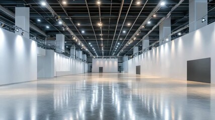 Large modern, empty warehouse with polished concrete floors and bright lighting