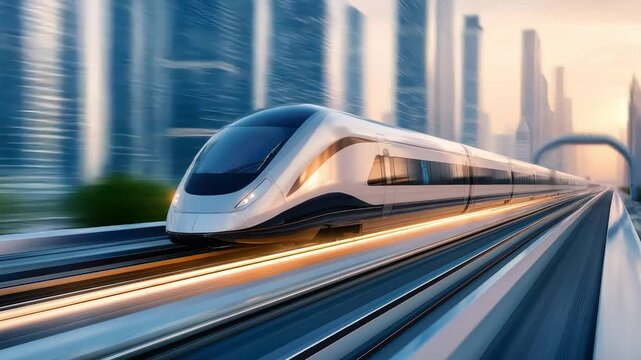 High-speed train is racing through a modern cityscape, showcasing sleek design and advanced technology in motion, symbolizing future transportation
