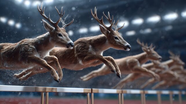 Group of deer leaping over hurdles in a dynamic race at a stadium, showcasing athleticism and speed