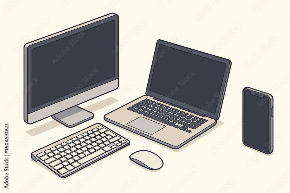 Fototapete isometric computer, laptop and smartphone mockup set. vector illustration of digital devices with bl