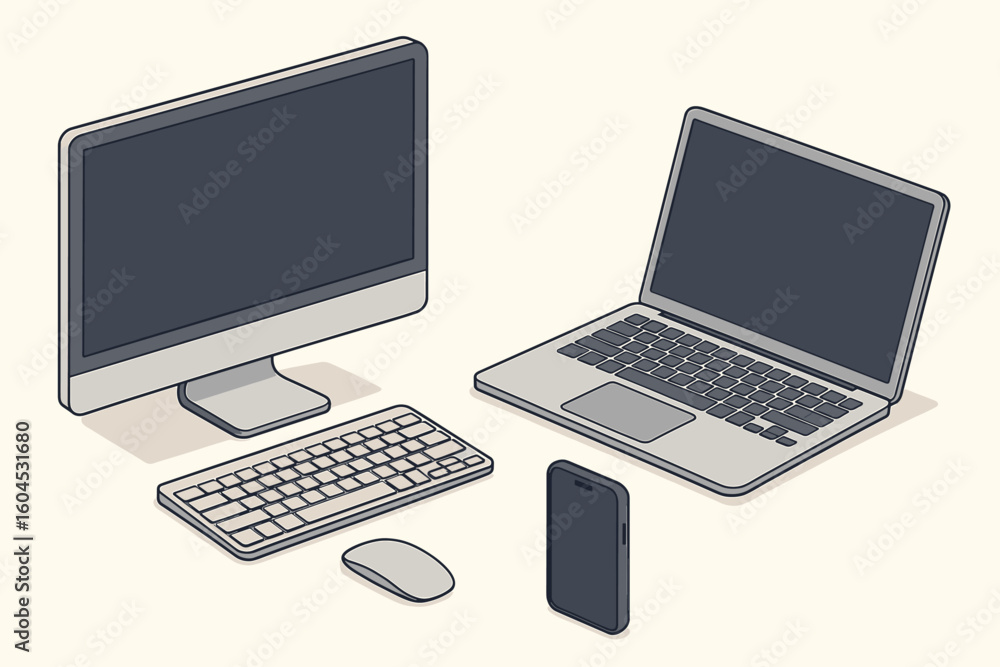 Poster isometric computers and mobile devices mockup set. vector illustration of a desktop pc, laptop, and 