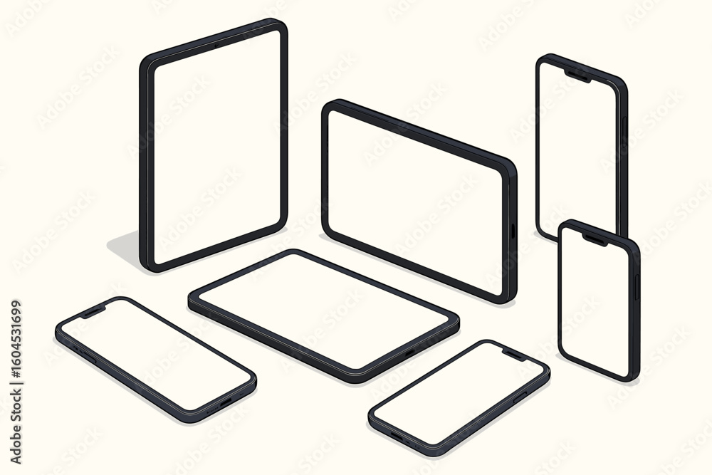 Poster isometric devices mockup with mobile phones and tablets. smartphone and tablet template with various