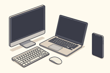 Isometric computer, laptop and smartphone mockup set. Vector illustration of digital devices with blank dark screens. Template for responsive web or app design presentation.