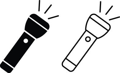 Hand torch flashlight set, black vector collection of electric lantern group in flat and line style, portable light, battery lamp, emergency beam outline, glowing tool icon bundle