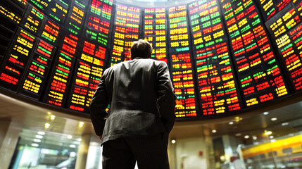 A man in a suit standing in front of a large stock market display.