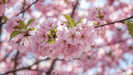 Obraz premium Branch of cherry blossoms captured up close against a spring background