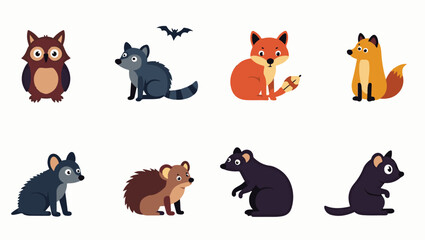 Fototapeta premium Colorful flat vector cartoon animal silhouettes collection – cute wild, domestic, aquatic, jungle, fantasy, and forest animals in minimalist kid-friendly style on white background