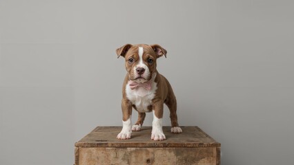 Charming tiny bully puppy standing on a wooden box, front legs raised, adorned with a bowtie on a grey background