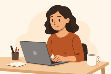 Professional woman working on laptop computer at home office desk. Remote work freelancer workspace. Vector cartoon illustration female employee businesswoman