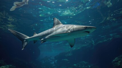 Obraz premium An underwater scene features a shark gliding effortlessly, revealing its stylish physique and refined fins.