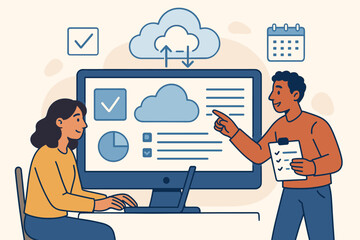 Cloud computing teamwork collaboration business concept. Two people working together remote office technology. Vector illustration teamwork digital workspace dashboard
