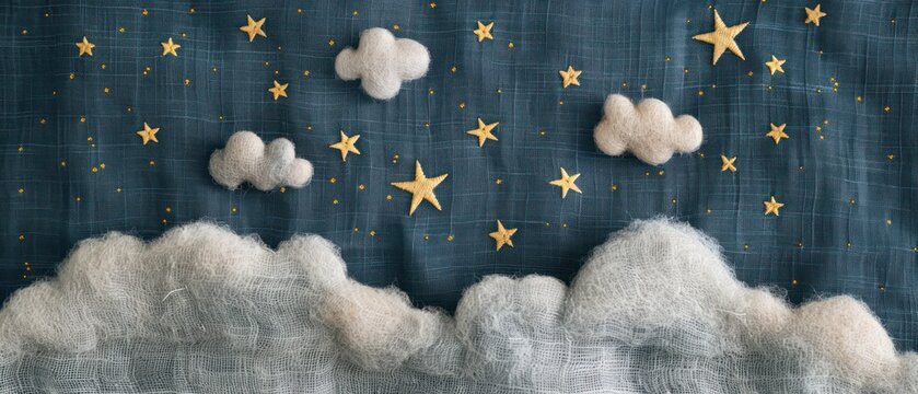 Sweet Dreams Cloud and Stars fleece felted clouds and twinkling stars embroidery night sky wallpaper for kids fantasy.