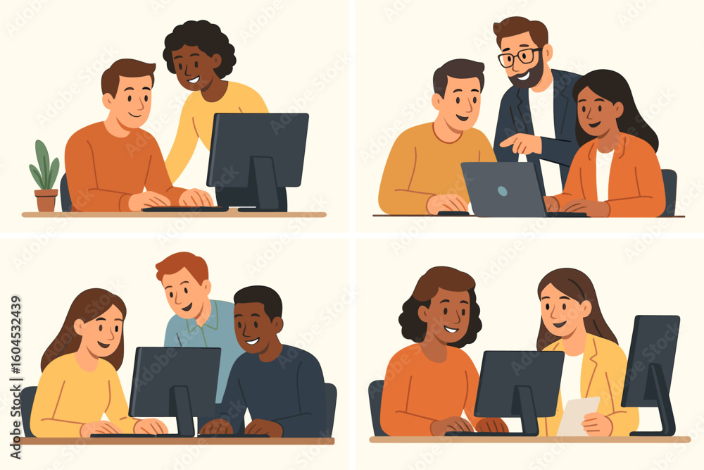 Aufkleber diverse business teamwork vector illustration set. office colleagues collaborating on computers in m