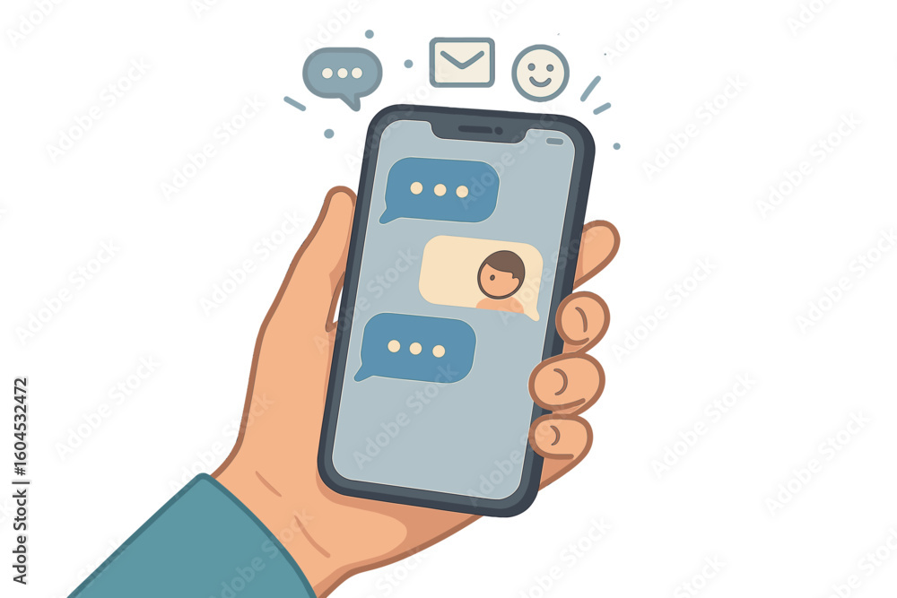 Poster hand holding smartphone with text messaging chat conversation interface. mobile communication vector