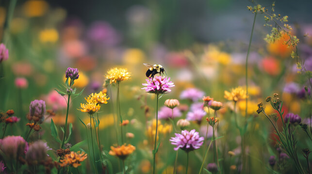 Rusty patched bumble bee collecting nectar from wildflower

