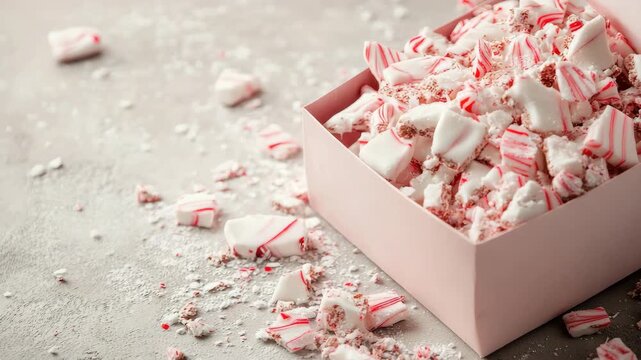 Box of broken peppermint bark pieces scattered on table