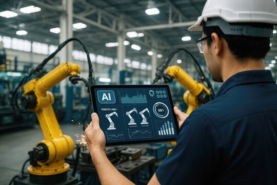 Engineer monitoring robotic arms with tablet in factory industrial technology - Powered by Adobe