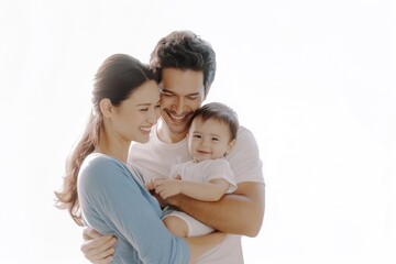 Cinematic side view shot of a happy mixed family with a toddler hugging smiling togetherness.