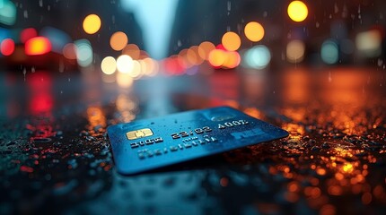 Credit card lying on wet asphalt road at night reflecting city lights, 3d render