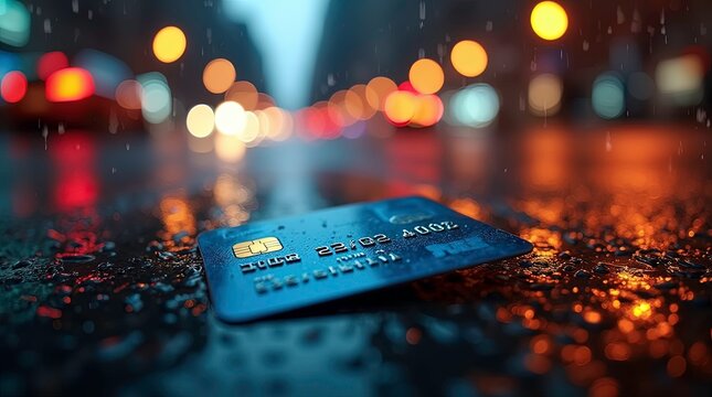 Credit card lying on wet asphalt road at night reflecting city lights, 3d render