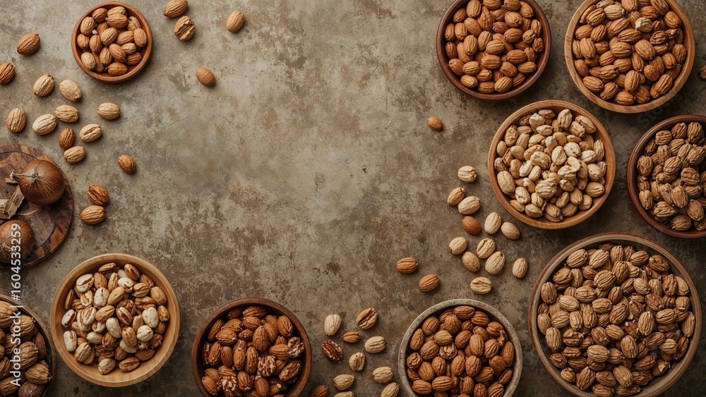 Poster various nuts displayed in multiple bowls on a rustic surface