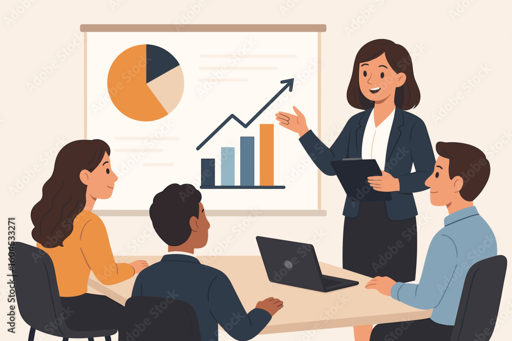 Poster business team meeting presentation with data analytics charts graphs statistics. professional office