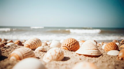 Abstract of seashells scattered on a sandy beach with the sea as a picturesque backdrop