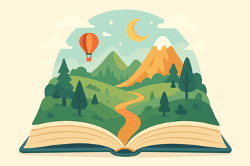 Open book fantasy landscape vector illustration magical storybook world mountains trees hot air balloon reading adventure concept educational imagination dream journey path