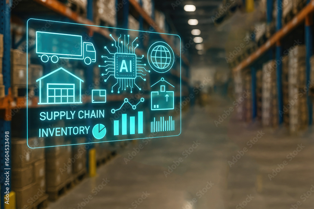 Poster futuristic warehouse interface displaying artificial intelligence and supply chain data