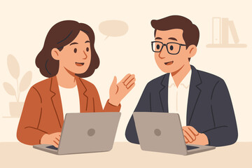 Man and woman colleagues discussing project at office desk. Business people with laptops. Teamwork, communication, partnership concept. Coworkers talking. Vector cartoon.