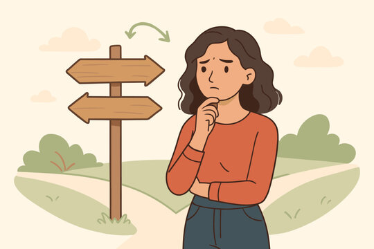 Woman at crossroads making a difficult choice. Metaphor for life decision, career path or business strategy. Uncertainty and confusion concept. Vector cartoon character.