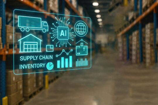 Futuristic warehouse interface displaying artificial intelligence and supply chain data
