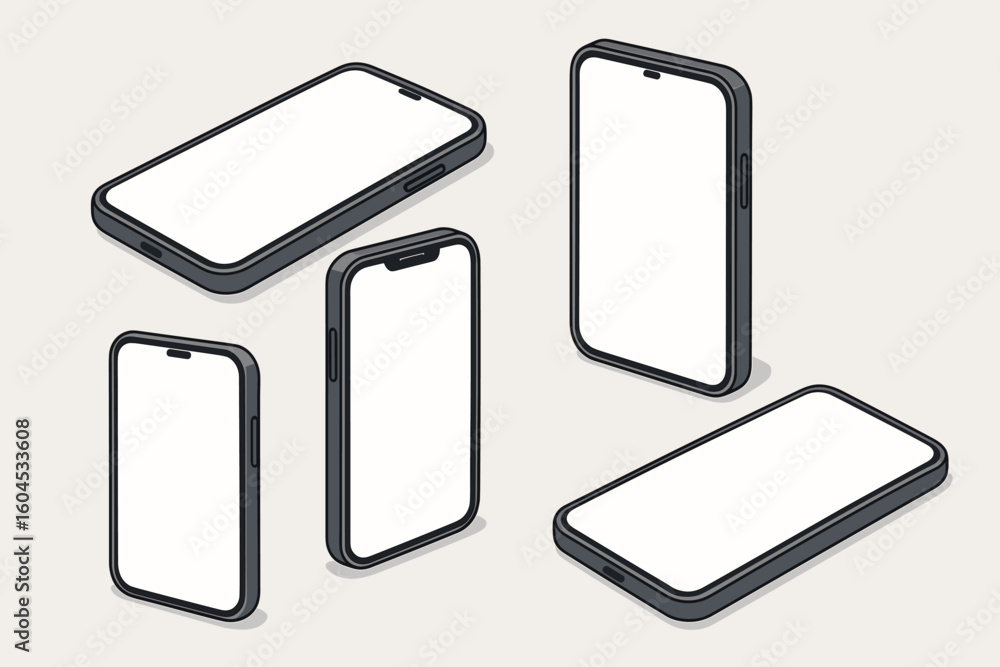 Fototapete collection of isometric mobile phone mockups. smartphones with blank white screens for app or websit