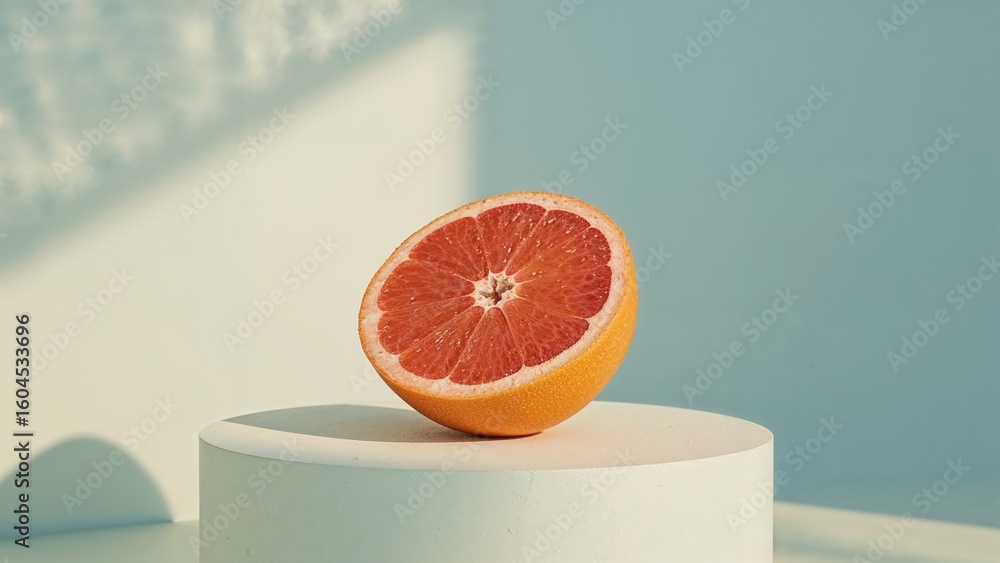 Poster creative display of sliced citrus fruits illuminated by sharp sunlight and dark shadows on a muted b