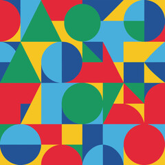 Obraz premium Bold and vibrant seamless geometric pattern featuring abstract arrangements of circles, squares, and triangles in primary colors, on a yellow background.