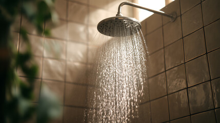 Low flow shower head spraying water in bathroom
