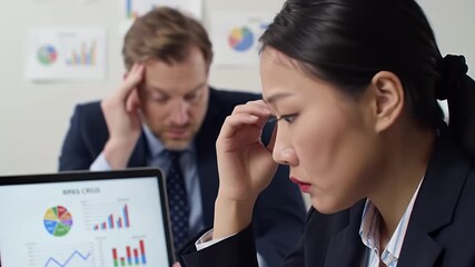 Worried Asian Woman and Caucasian Man in Business Suits Experiencing Financial Crisis in Office with Charts and Graphs Showing Sales Decline - Powered by Adobe