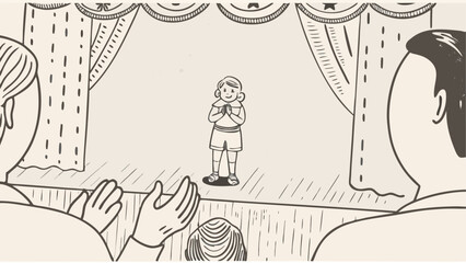 A young performer on stage with audience members and curtains in a vintage illustration style image silhouette